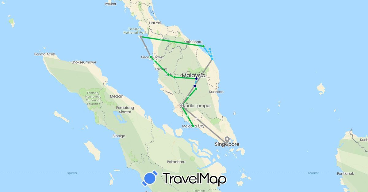TravelMap itinerary: driving, bus, plane, boat in Malaysia, Singapore (Asia)